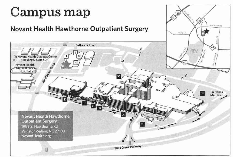Campus map of Novant Health Hawthorne Outpatient Surgery at 1999 S. Hawthorne Rd, Winston-Salem, showing the building entrances, parking areas and the approach from Silas Creek Parkway and Hawthorne Road